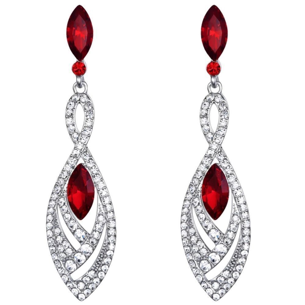 Silver with Ruby Red and Diamond Austrian Crystal Twisted Chandelier Earrings
